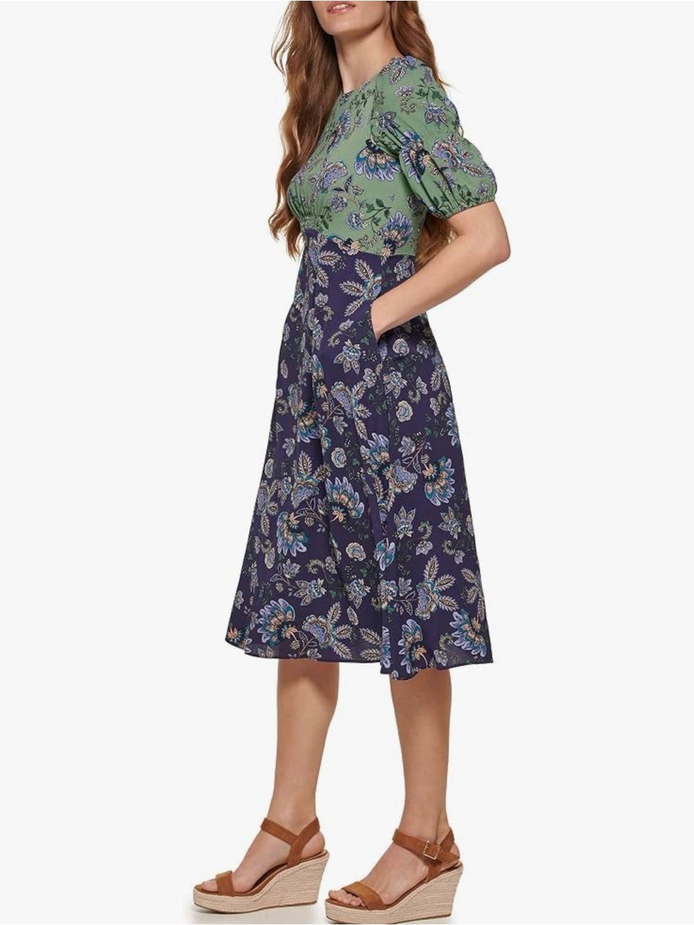 Vince Camuto cottage core Green & Navy Floral Two-Tone Midi Dress